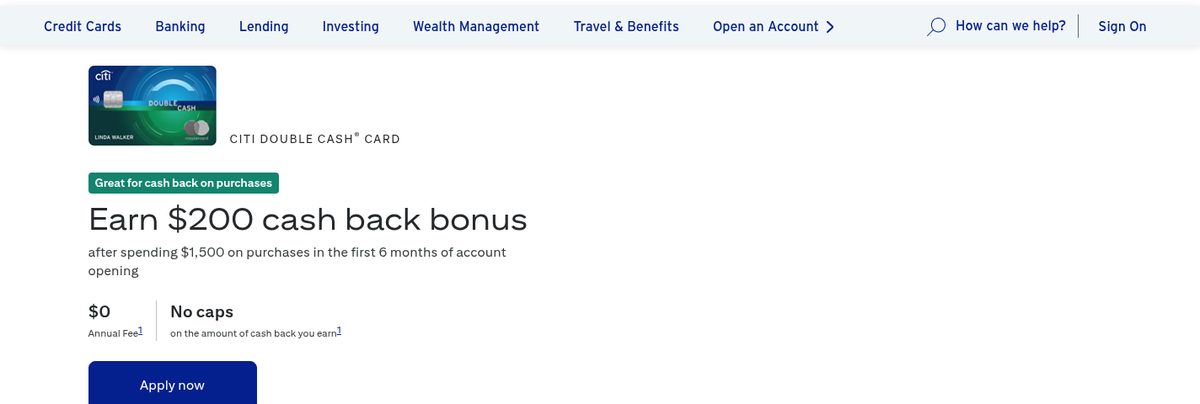 Citi's offer page