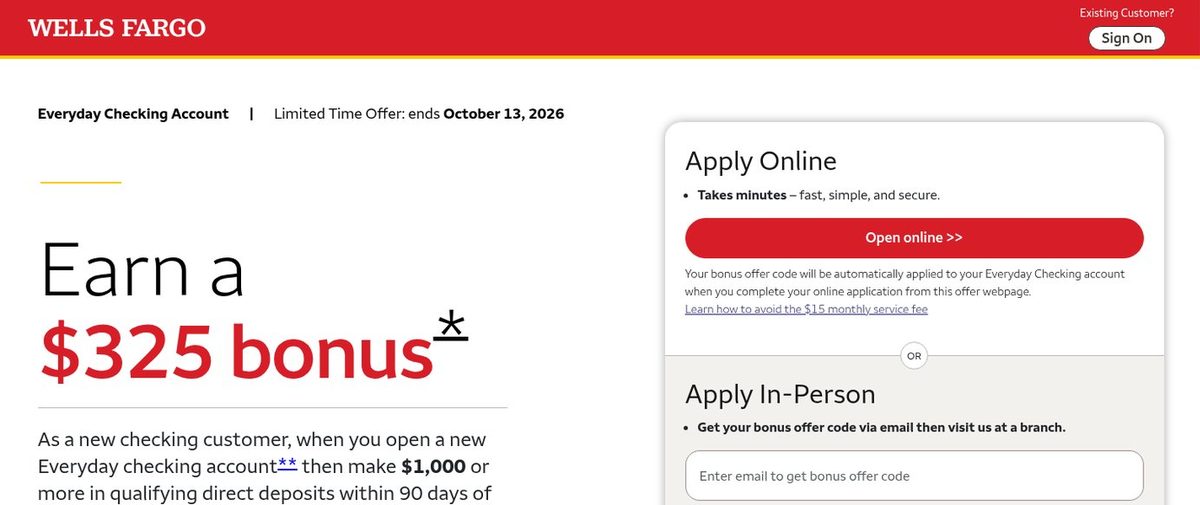 Wells Fargo's offer page